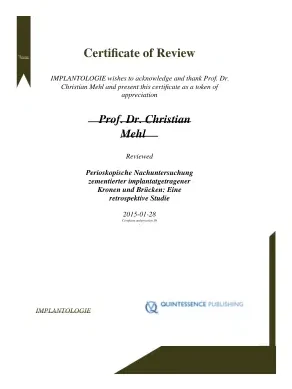 Certificate of review from Implantologie (Quintessence Publishing) for Prof Dr Christian Mehl, 28 January 2015