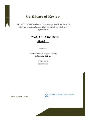Certificate of review from Implantologie (Quintessence Publishing) for Prof Dr Christian Mehl, 2 August 2020