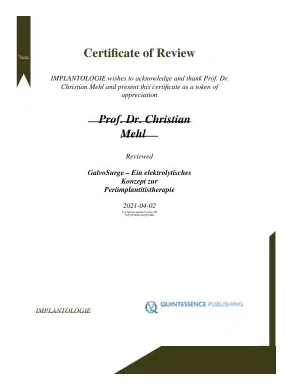 Certificate of review from Implantologie (Quintessence Publishing) for Prof Dr Christian Mehl, 2 April 2021