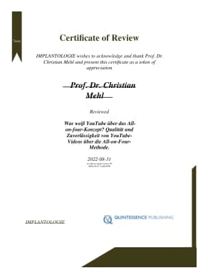 Certificate of review from Implantologie (Quintessence Publishing) for Prof Dr Christian Mehl, 31 August 2022