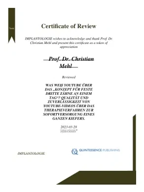 Certificate of review from Implantologie (Quintessence Publishing) for Prof Dr Christian Mehl, 28 March 2023