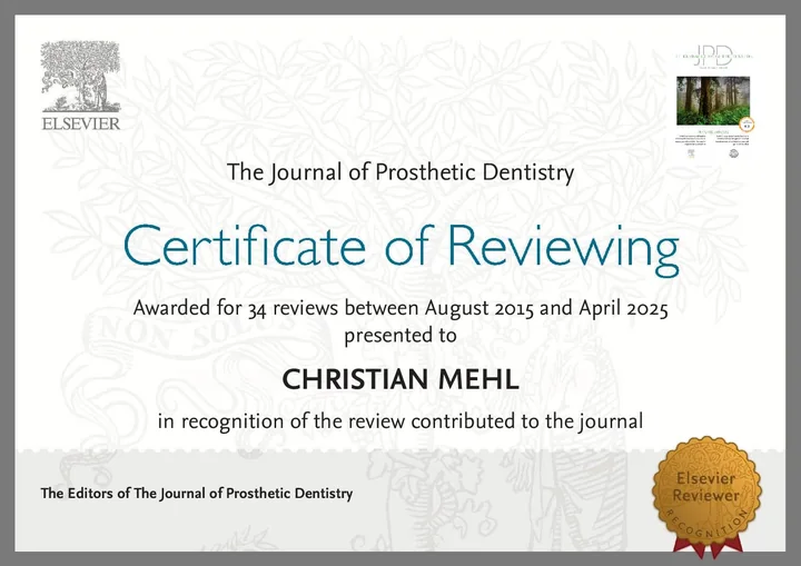 Elsevier certificate of reviewing from The Journal of Prosthetic Dentistry, awarded to Christian Mehl for 34 reviews between August 2015 and April 2025