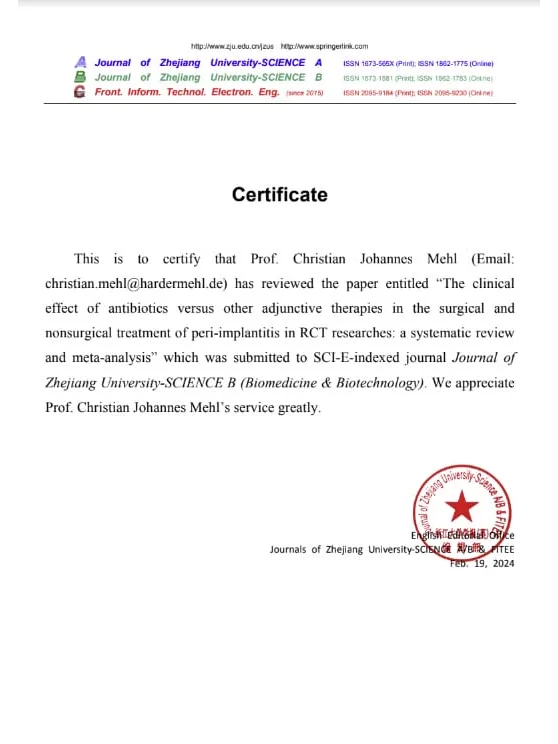 Certificate from the Journal of Zhejiang University-SCIENCE B confirming Prof Christian Mehl reviewed a systematic review on treating peri-implantitis, February 2024